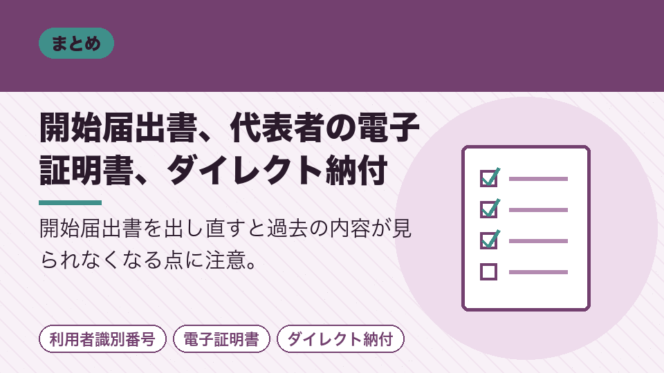 開始届出書、代表者の電子証明書、ダイレクト納付