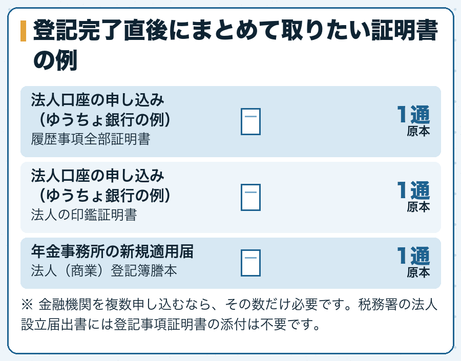 登記完了直後にまとめて取りたい証明書の例