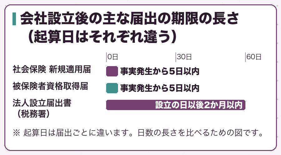 会社設立後の主な届出の期限の長さ（起算日はそれぞれ違う）